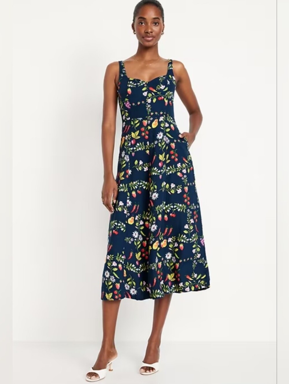 Old Navy Fit & Flare Linen-Blend Midi Dress - Botanical Fruit & Garden Print- XL